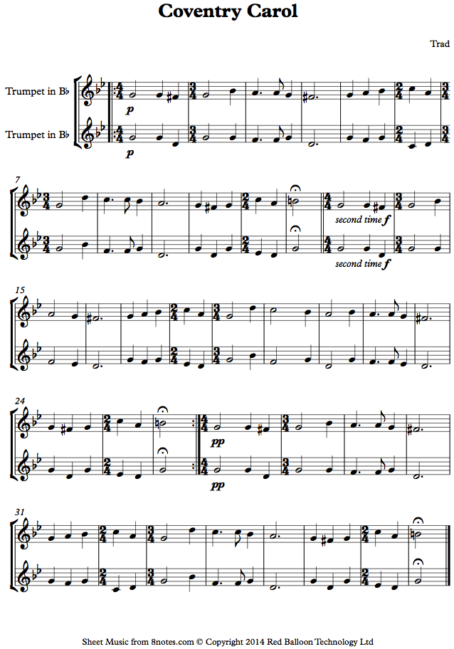 Coventry Carol sheet music for Trumpet Duet - 8notes.com