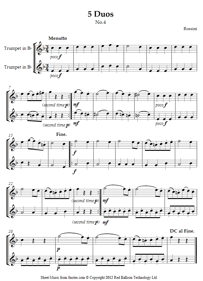 Rossini - 5 Duos No.4 Menutto sheet music for Trumpet Duet - 8notes.com