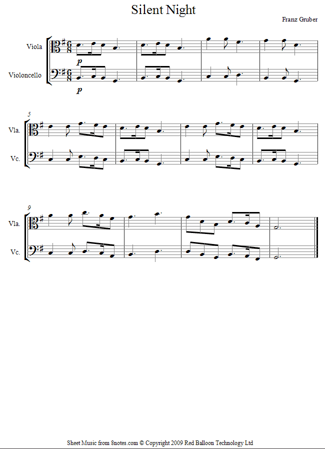 Silent Night sheet music for Viola-Cello Duet - 8notes.com