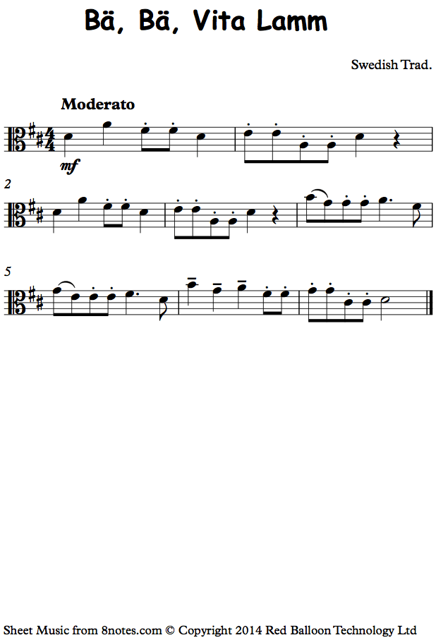 Ba, Ba, Vita Lamm (Swedish Trad.) sheet music for Viola - 8notes.com