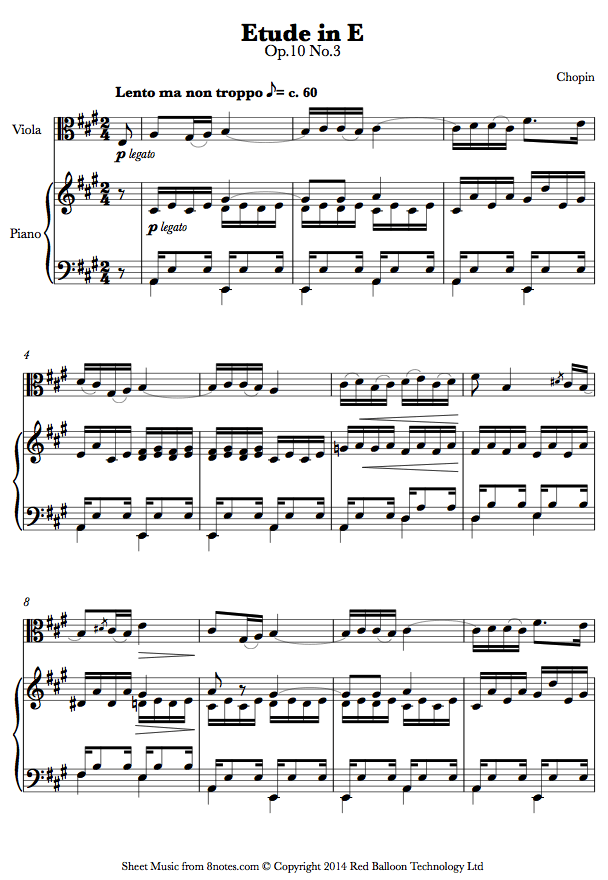 ﻿Chopin - Etude in E Op.10 No.3 sheet music for Viola - 8notes.com