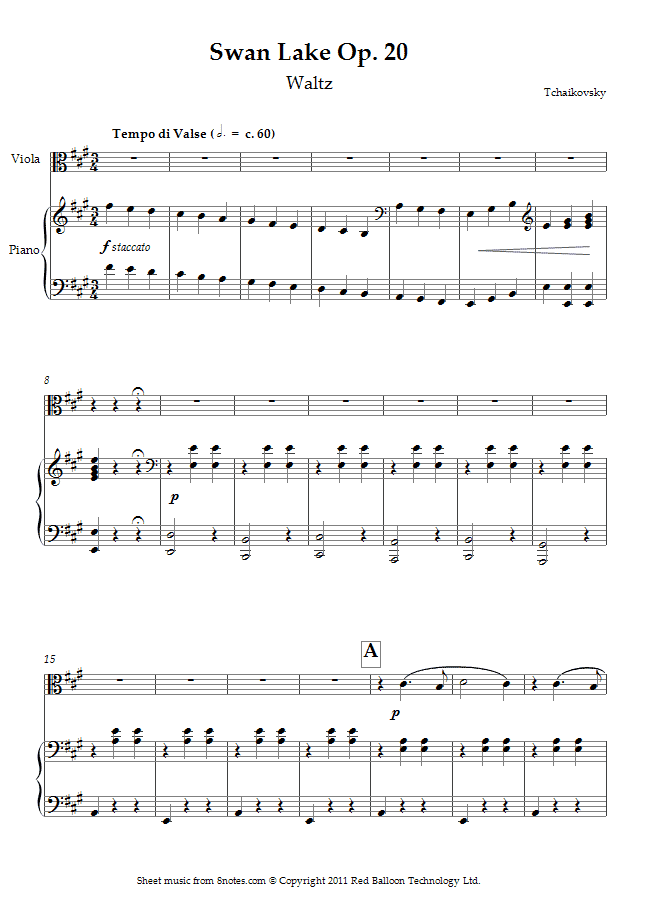 Tchaikovsky - Swan Lake Op. 20 Waltz sheet music for Viola - 8notes.com