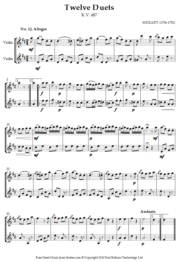 Mozart - Twelve Duets k.487 no.12 sheet music for Violin Duet - 8notes.com